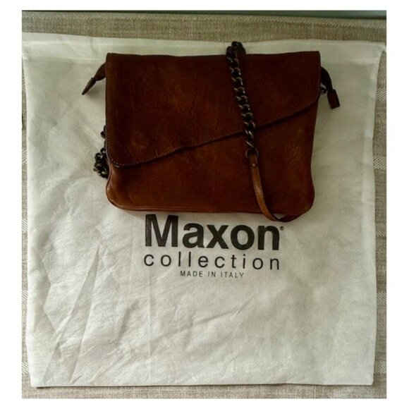 MAXON COLLECTION Brown Worn Textured Leather Crossbody Bag Chain Made in Italy - Picture 16 of 16